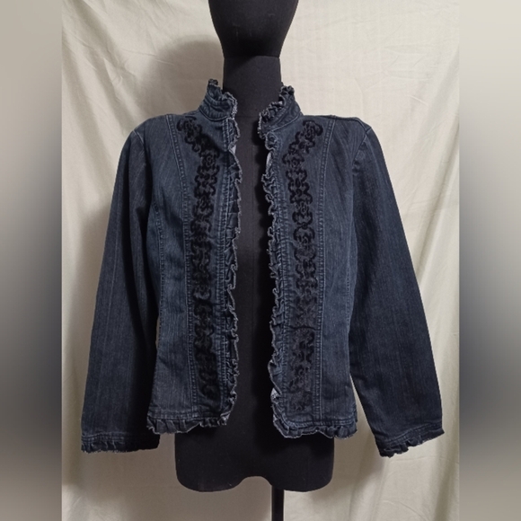 Petite Sophisticate Jackets & Blazers - Petite Sophisticate Blue Denim Ruffle-Trim Jean Jacket Velvet Detail Design